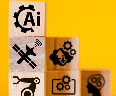 Stack of blocks with AI images against a yellow background.